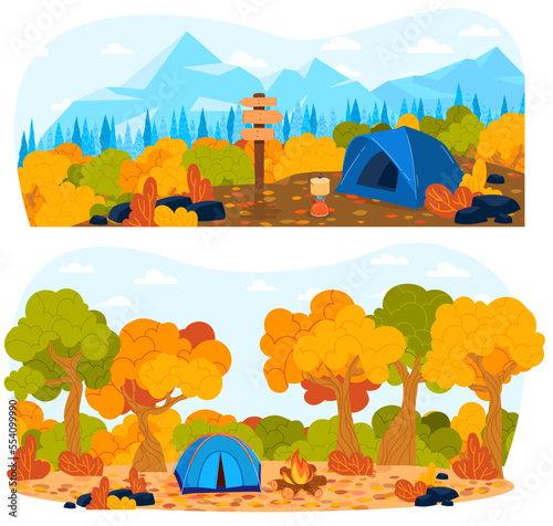 Autumn tourism, tent nature, forest landscape, outdoor travel, camp vacation, design, in style cartoon vector illustration.