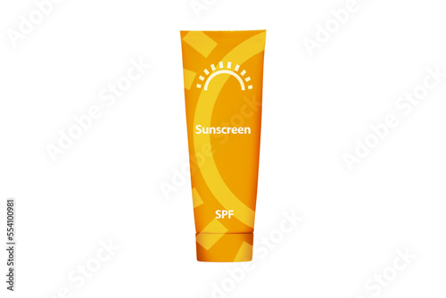 sunscreen in a yellow jar with a painted sun and inscriptions on a white background isolated