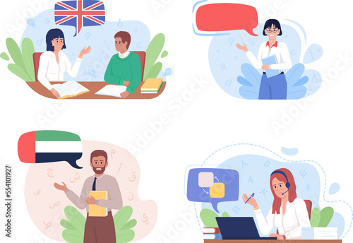 Career in linguistics 2D raster isolated illustration set. Flat characters on cartoon background. Colourful scene collection for website, presentation