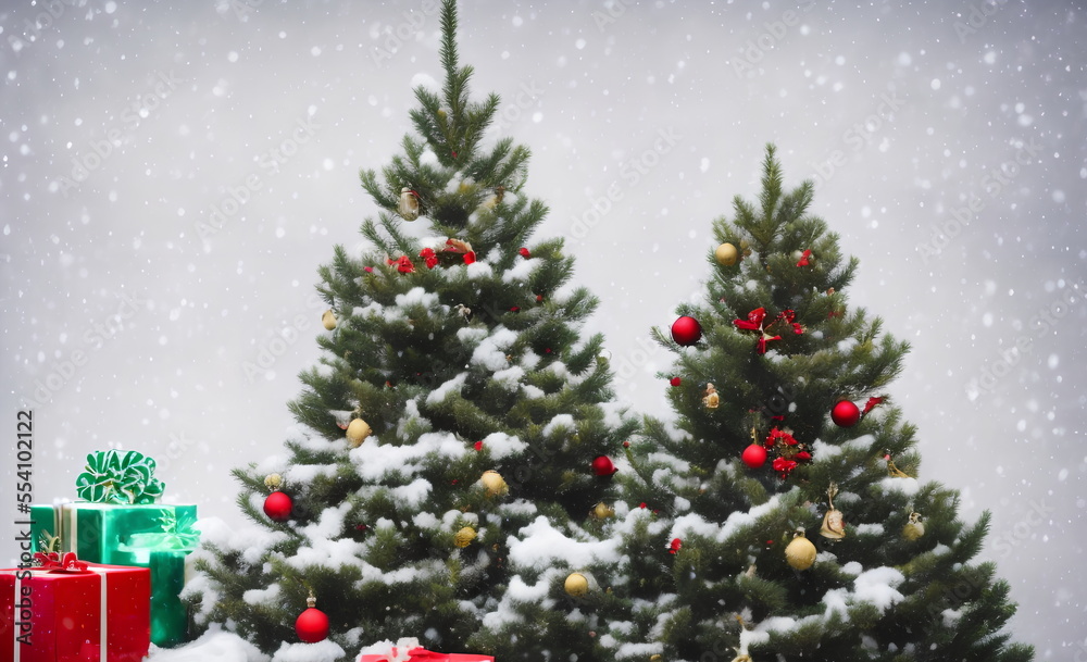 Obraz premium Realistic illustration of decorated fir tree under snow, using generative ai