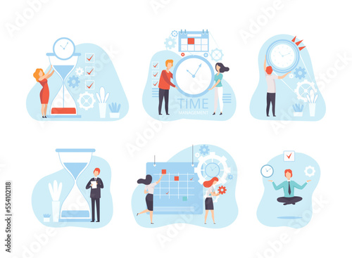 Effective Time Management with People Organizing Time on Clock and Calendar Vector Set