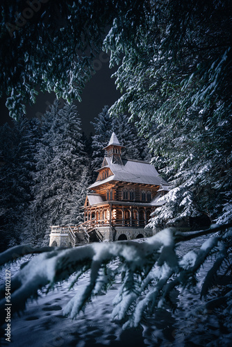 Jaszczurówka - forest chapel in Zakopane during a snowy night © K. Skubala