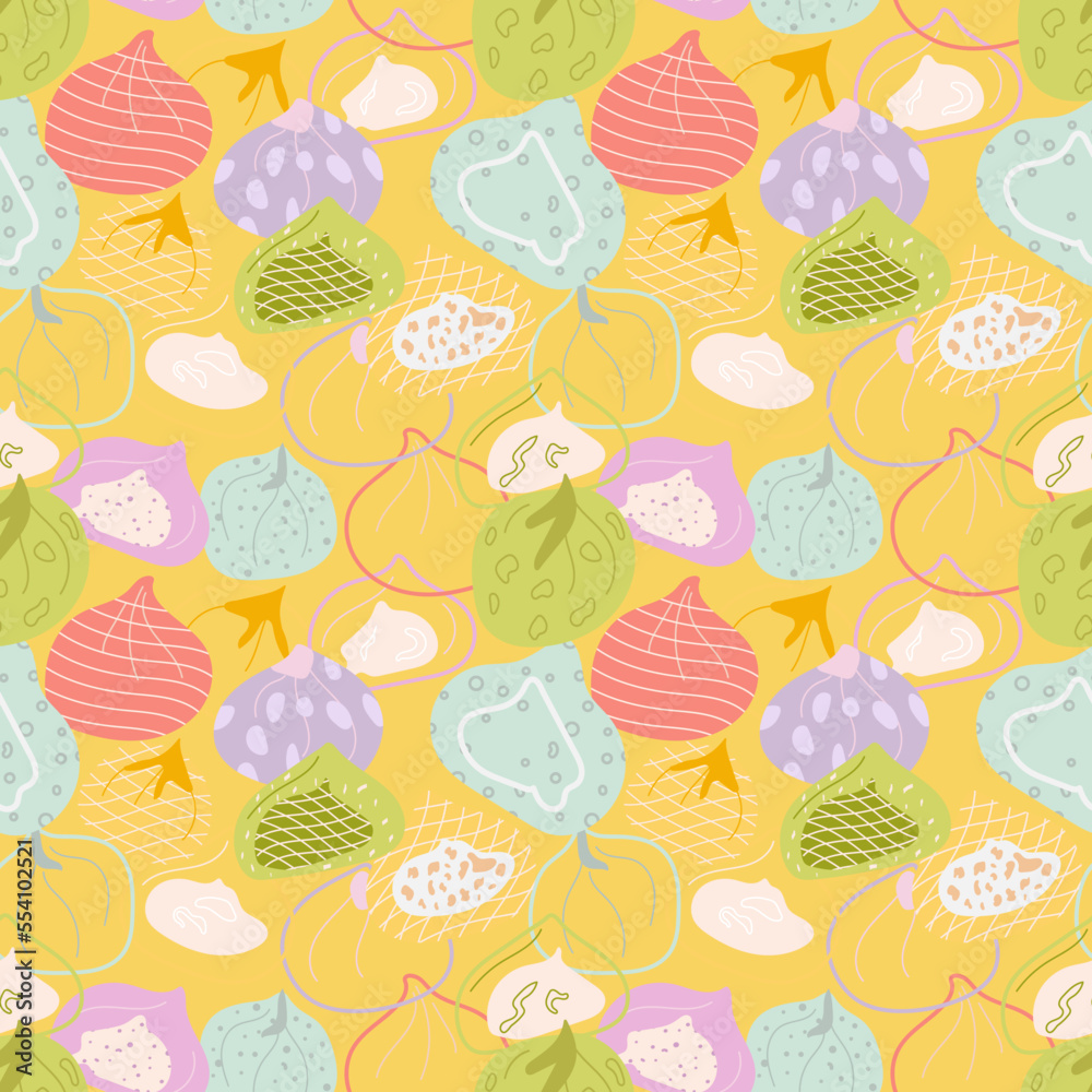 Seamless contour pattern of Japanese sweets on a yellow background. Colorful pattern for fabrics, wrapping paper. Stylish doodle vector illustration in Asian style. Seamless contour pattern of Japanese sweets on a yellow background. Colorful pattern for fabrics, wrapping paper. Stylish doodle vector illustration in Asian style.