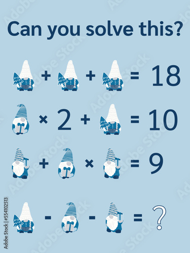 Math riddle for kids and adults. Picture equations, christmas math for children. Vector format