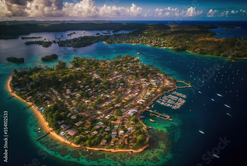 Aerial image of Port Vila, the capital city of Vanuatu, and the harbor with the Iririki resort island. Generative AI photo