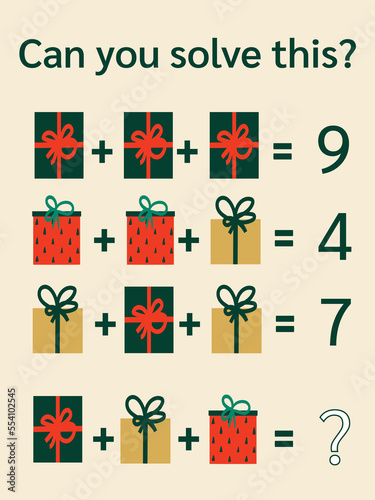 Math riddle for kids and adults. Picture equations, christmas math for children. Vector format