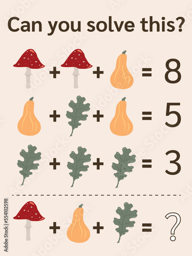 Math riddle. rebus for children and adults. find the answer. learning task, picture system of equations, Brain Teasers with gnomes, fall, autumn math, xmas math for kids, vector easy to recolor