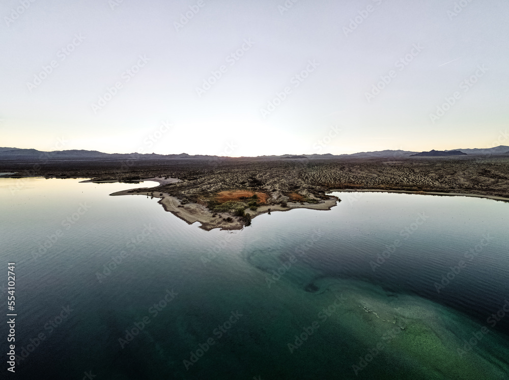 wide angle view from aerial view drone shot of lake mohave in the
