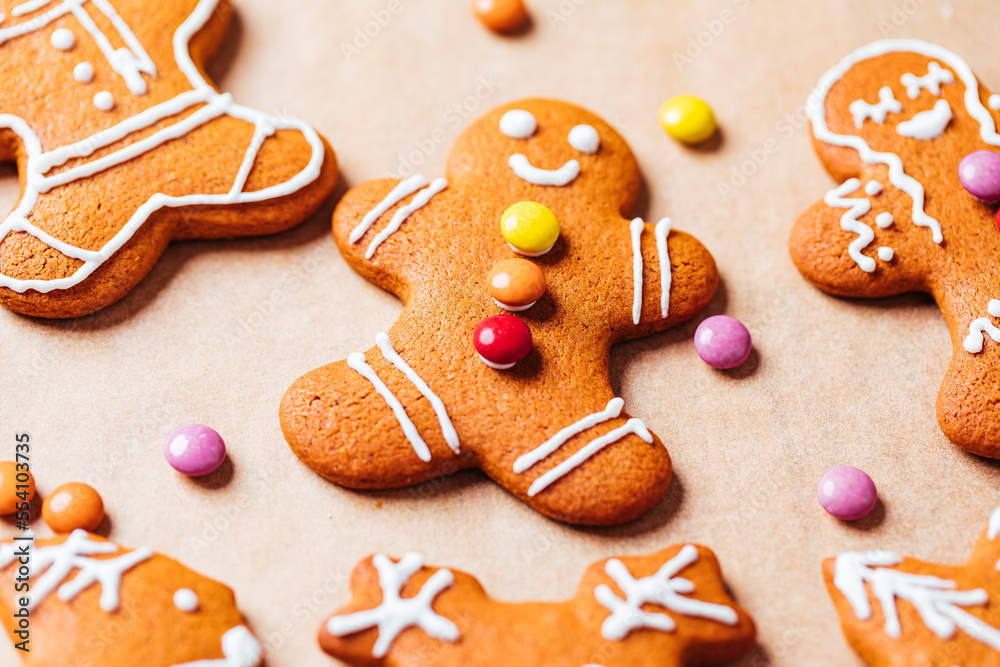 Various selection of Gingerbread cookies with sugar icing. Decorated in Christmas spirit. Happy New Year celebration. Playful and fun. Various selection of Gingerbread cookies with sugar icing. Decorated in Christmas spirit. Happy New Year celebration. Playful and fun.