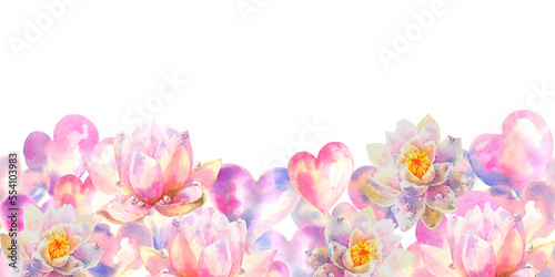 Light pink hearts with water lily flowers horizontal seamless border watercolor painting with copy space for decoration on Valentine's day or wedding.