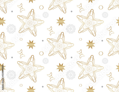 Seamless pattern for winter holidays. Festive white background with golden stars