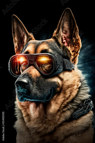 Cute german shepherd in futuristic 3d glasses.Steampunk dog with glasses.Drawing cyberpunk painting.Digital designer art.Abstract surreal illustration.3D render © liza