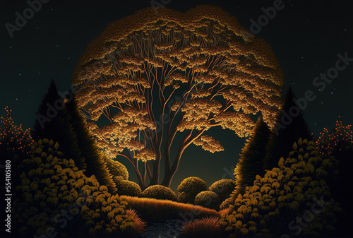 at night, an autumnal scene with trees. Generative AI © 2rogan