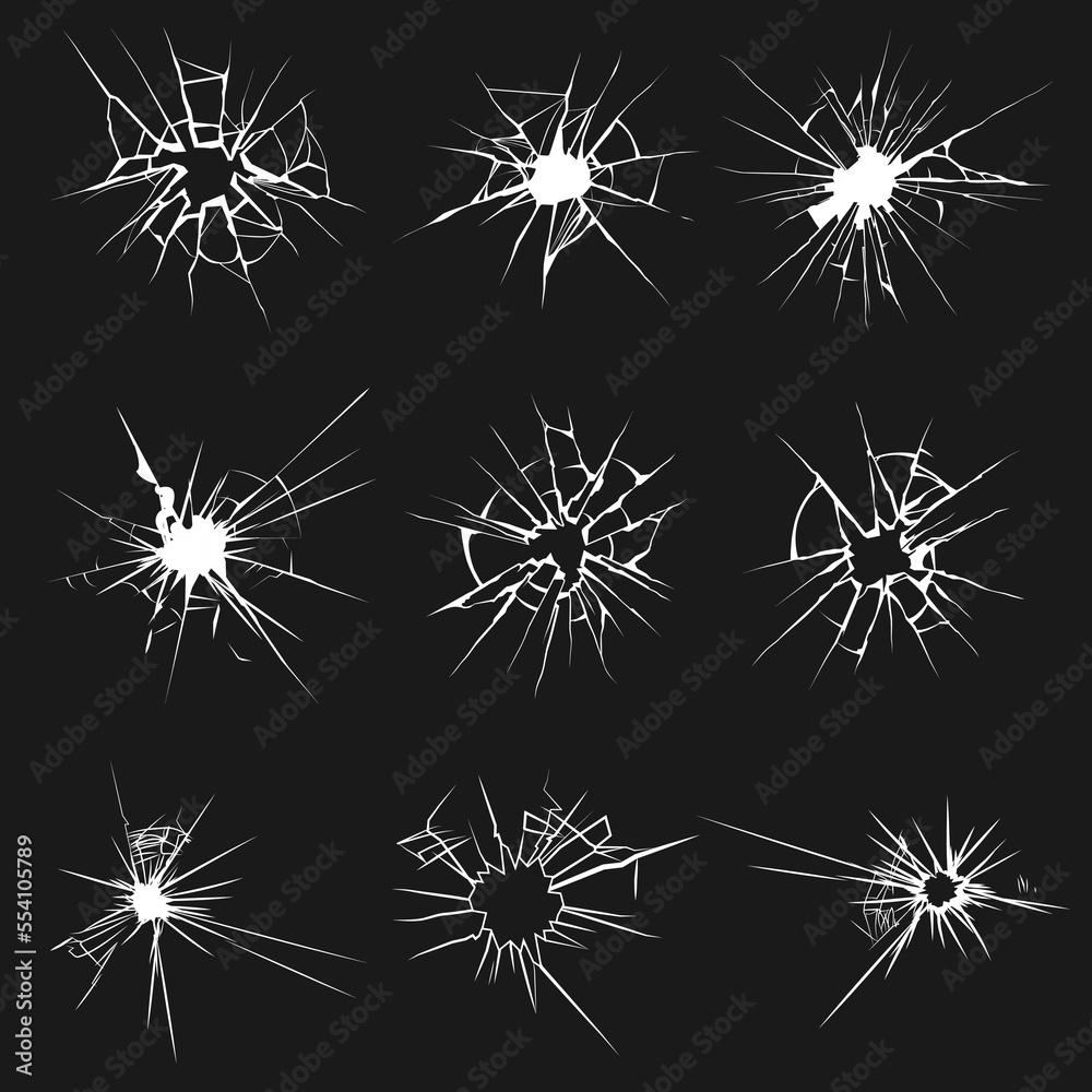 Set of glass crack with different types of damage on black background graphic isolated vector illustration.