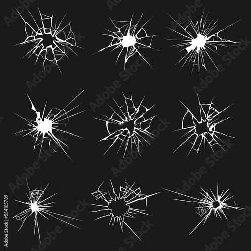 Set of glass crack with different types of damage on black background graphic isolated vector illustration.