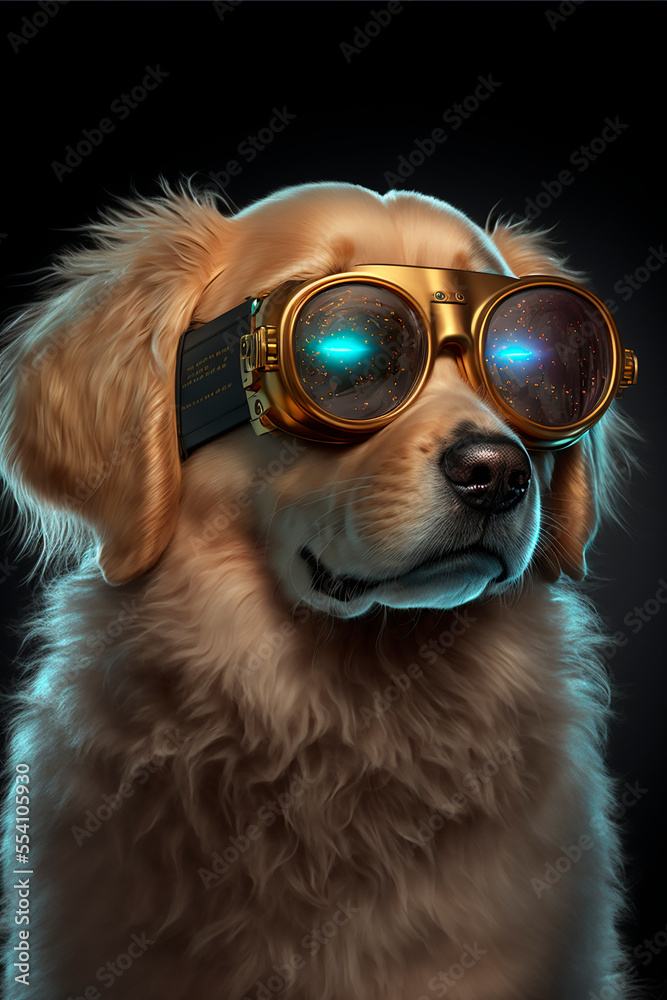 Cute golden retriever in futuristic 3d glasses.Steampunk dog with glasses.Drawing cyberpunk painting.Digital designer art.Abstract surreal illustration.3D render