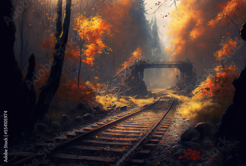 Stunning image of a railway in a forest in the fall. Generative AI