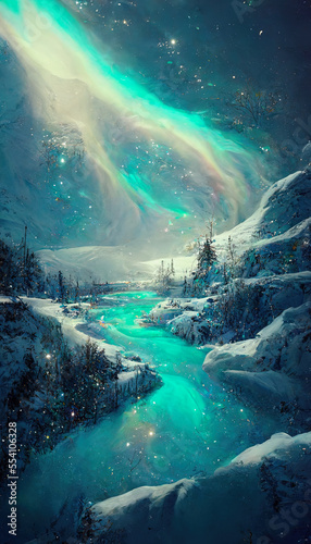 ai generative midjourney illustration of a winter landscape in an arctic area with turquoise norther lights and stars at the night sky