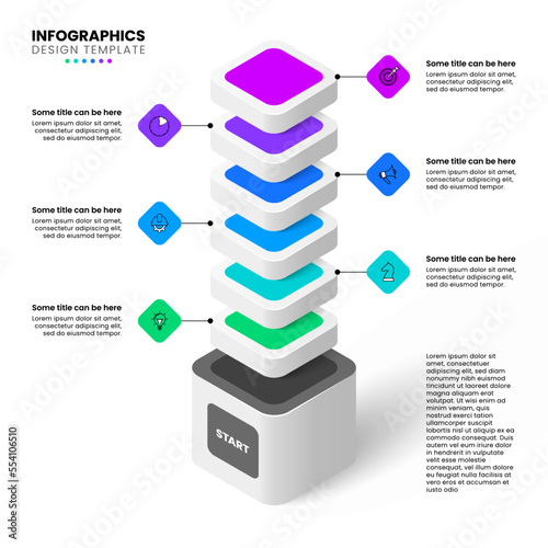 Infographic template. Isometric tower with 6 steps and icons