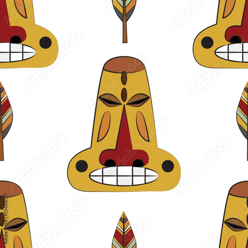 Seamless pattern of masks. National ornaments. Flat vector illustration. Rituals and initiations. Mysticism and magic. Items for the ceremony. A set of African, ethnic masks