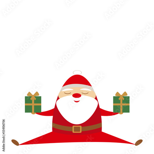 Simple flat funny cartoon santa in red costume and white beard sitting on the ground holding two green christmas gift boxes with yellow ribbon and bow
