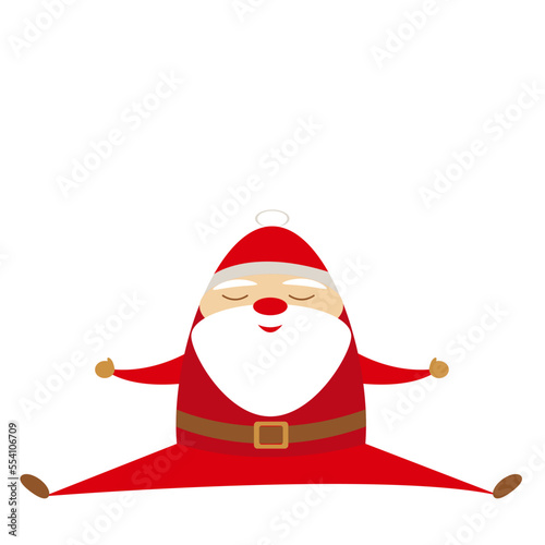 Simple flat funny cartoon santa in red costume and white beard sitting on the ground with spread hands