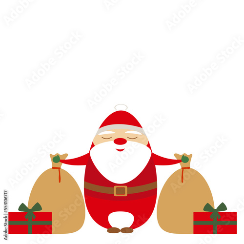 Simple flat funny cartoon santa in red costume and white beard holding  two brown present gift bags and red boxes with green ribbons and bow