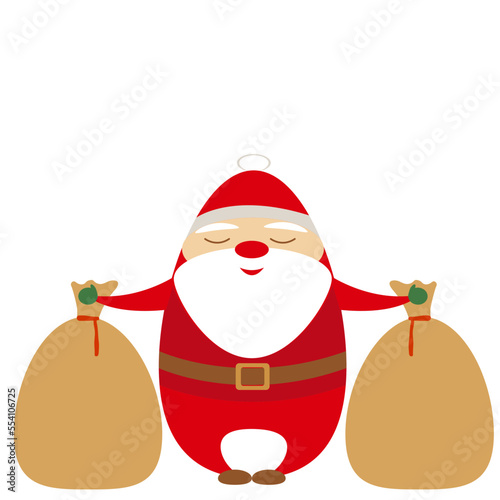 Simple flat funny cartoon santa in red costume and white beard holding  two brown present gift bags