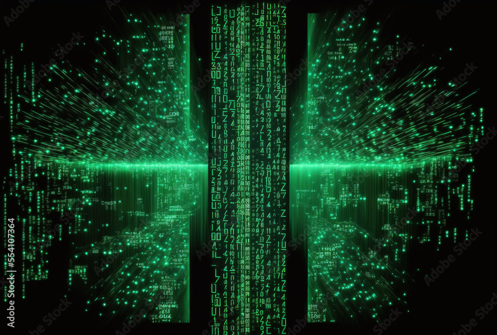 Obraz premium huge data visualization that is abstract Binary numerals flow in a green light. representation of computer code. hacking and cryptography analysis. blockchain transfer, bitcoin. Generative AI