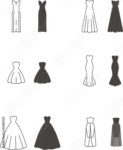 Wedding dresses set. Woman sundress line icon. Vector illustration