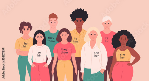 People with gender pronouns. She, he, they, non-binary. Gender-neutral movement. LGBTQ community. Hand drawn vector illustration