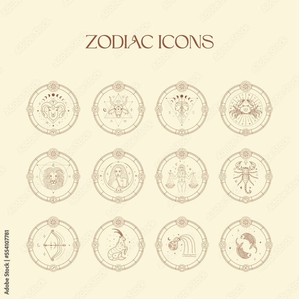 Icons Zodiac Design Illustrations. Esoteric Vector Elements.