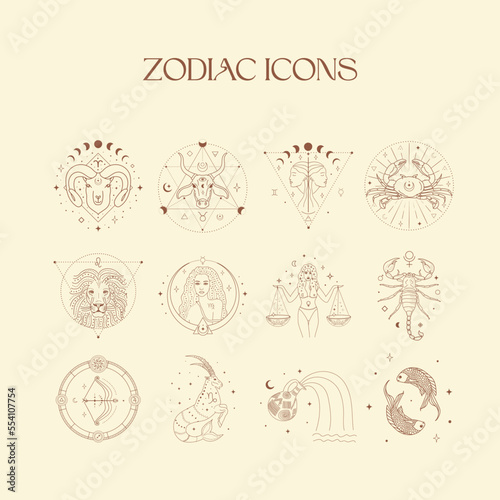 Zodiac Icons Design Illustrations. Esoteric Vector Elements.