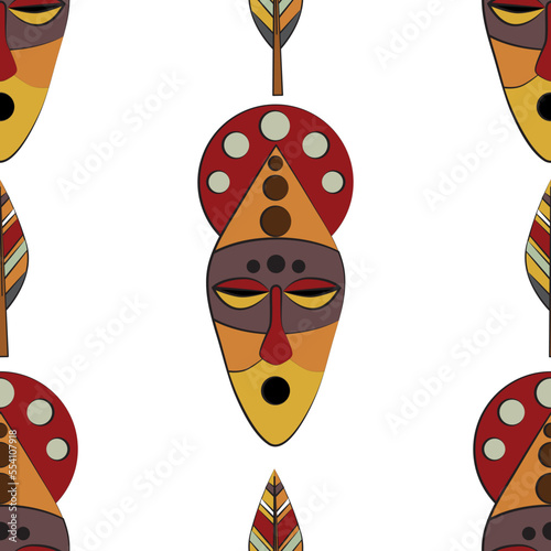 Seamless pattern of masks. National ornaments. Flat vector illustration. Rituals and initiations. Mysticism and magic. Items for the ceremony. A set of African, ethnic masks