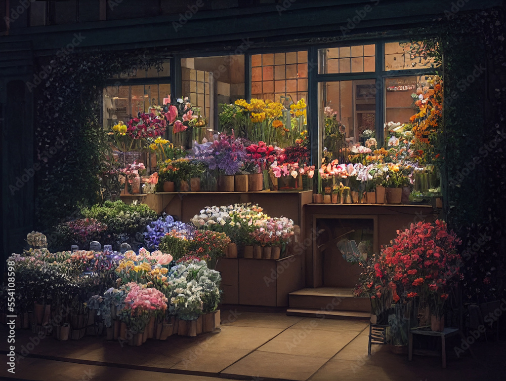 Beautiful colorful flowers in street flower shop. In evening