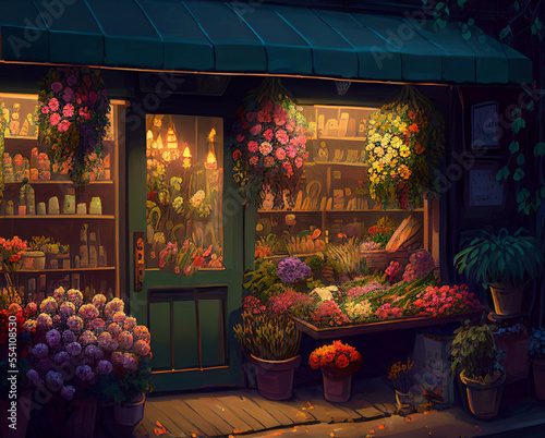 Beautiful colorful flowers in street flower shop. In evening