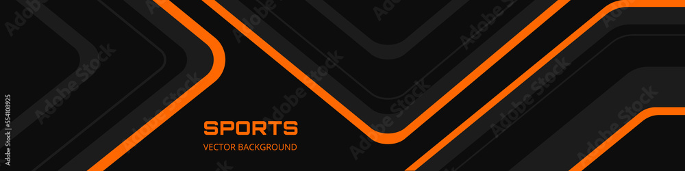 Black abstract wide horizontal banner with orange and gray lines ...
