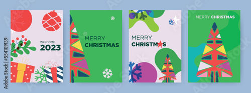 Happy New Year 2023 greeting card. Trendy modern christmas design  overlay elements  gift box  snowflake  Christmas tree. Giftcard