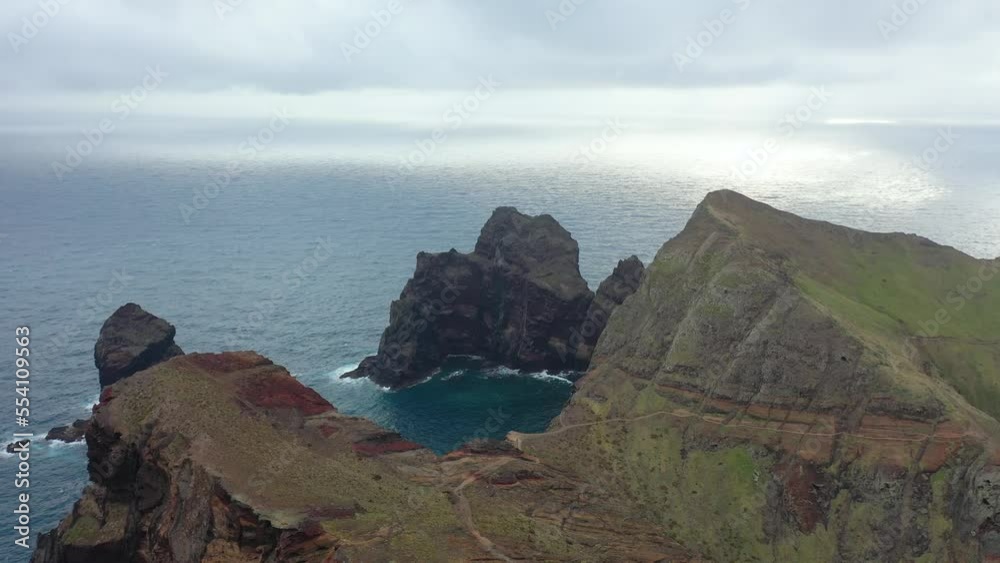 The Peninsula St. Lawrence (Ponta de São Lourenço) in the north-east of Madeira, viewpoint Miradouro da Ponta do Rosto, Portugal - aerial drone shot