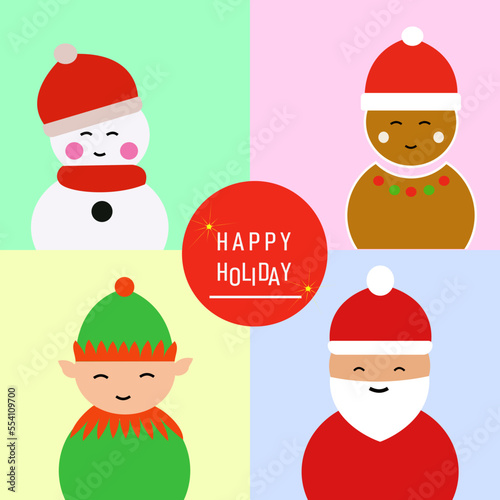 Holiday postcard. Santa Claus, snowman, gingerbread and elf. Vector illustration