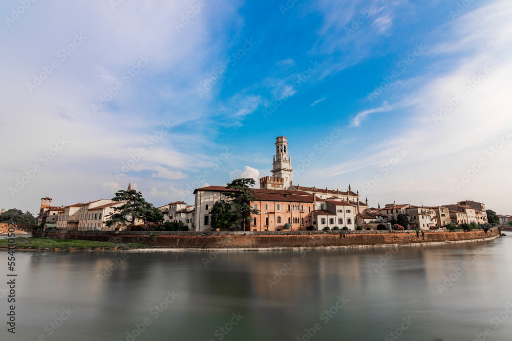 View of the town of Verona. long exposure and photo taken from the adige towards the city. Italy