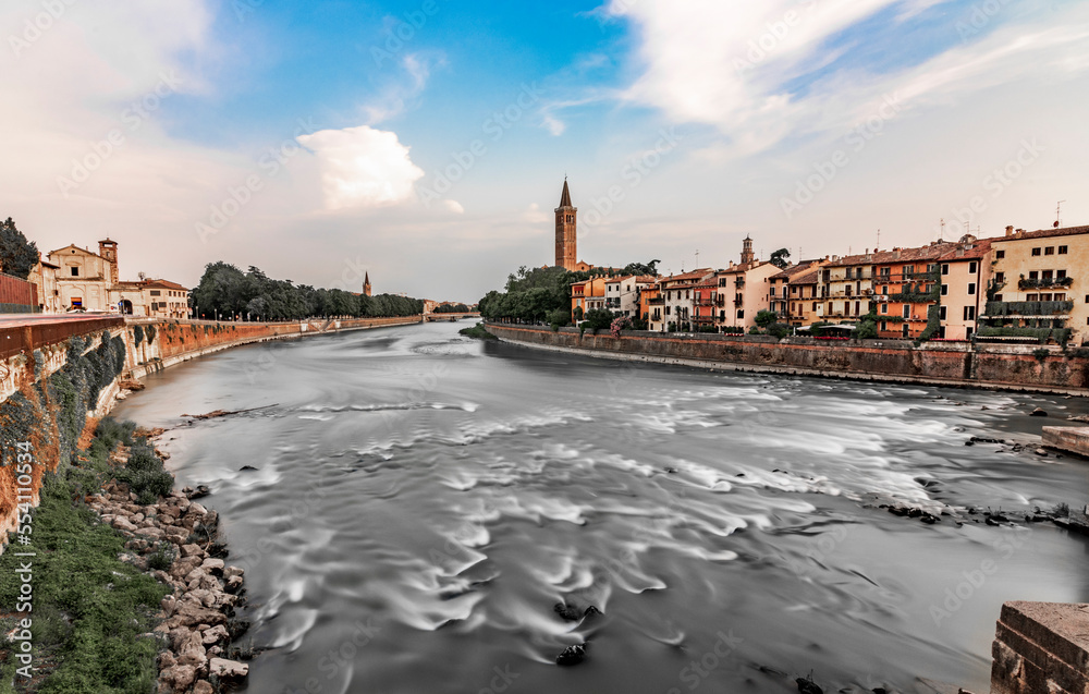 Long exposure and photo taken from the stone bridge towards the adige. Verona, Italy