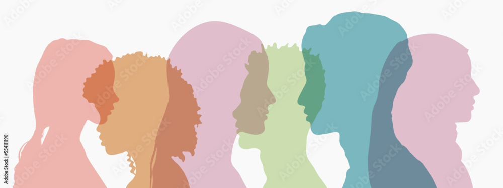 Сoncept of racial equality, tolerance and friendship between people of different cultures. Abstract silhouette of female and male profile.