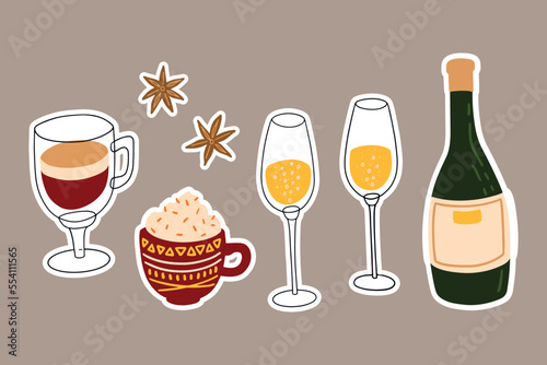 Vector Christmas flat winter drinks illustration. Hand painted mulled wine, hot chocolate, Prosecco wine bottle and glasses. Cozy cute flat icon collection set