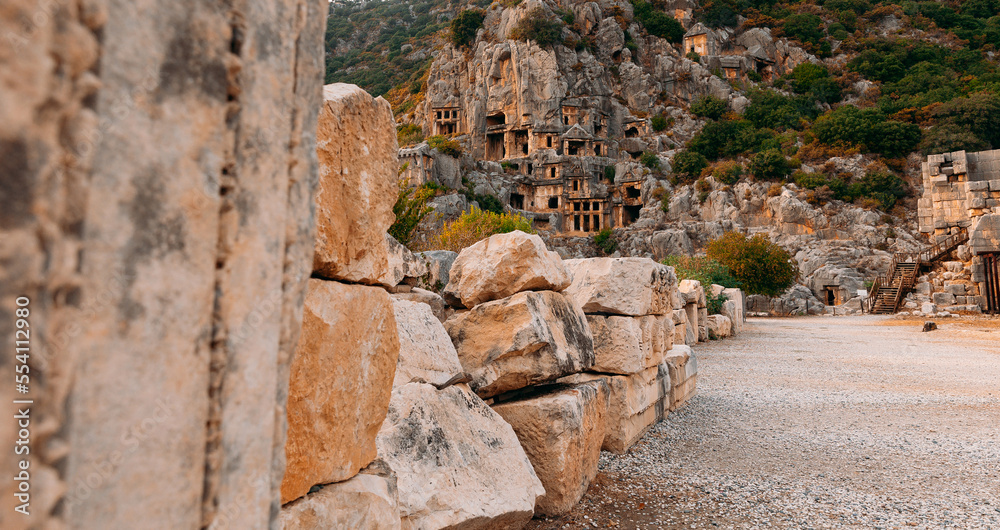 Old monuments Myra Ancient City in Demre to Antalya, archaeology. Banner travel concetpt of Turkey