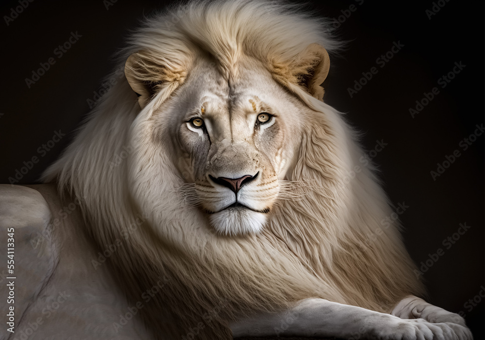 Magnificent Lion king , Portrait  of majestic white lion on black background, Wildlife animal	