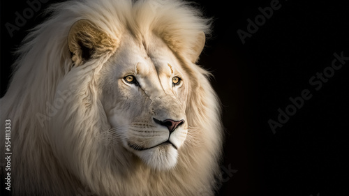 Stampa su tela Lion king , Portrait  of majestic white lion on black background, Wildlife anima
