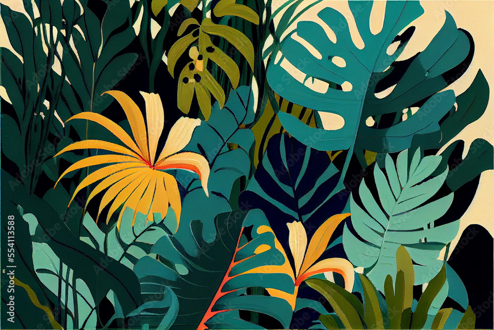 Lush Jungle Forest with Many Different Leaf Shapes and Colors. Generative ai