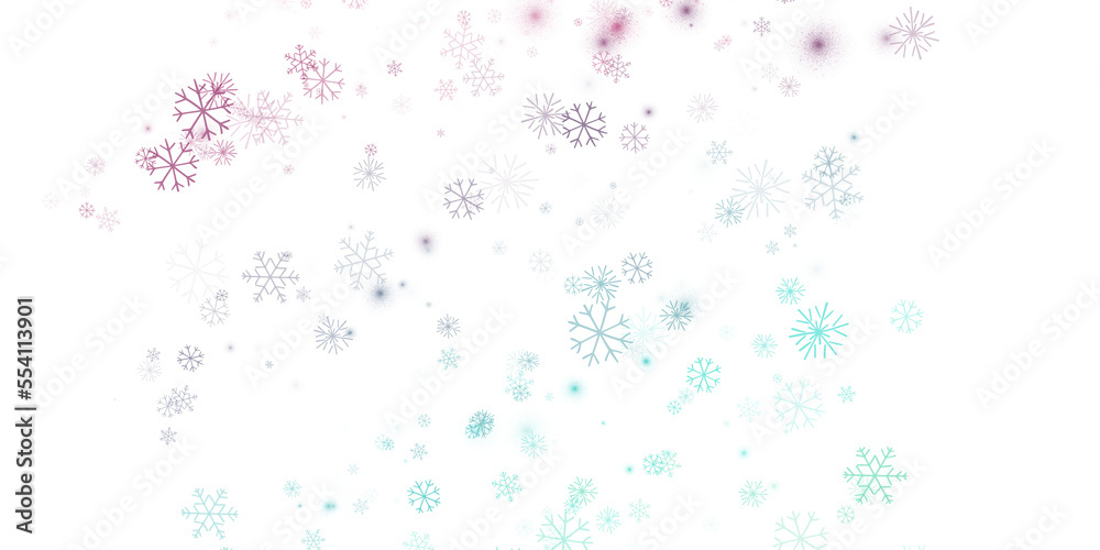 Snow background, a scattering of multicolored snowflakes on a transparent background. The snowflakes are hand painted.. PNG