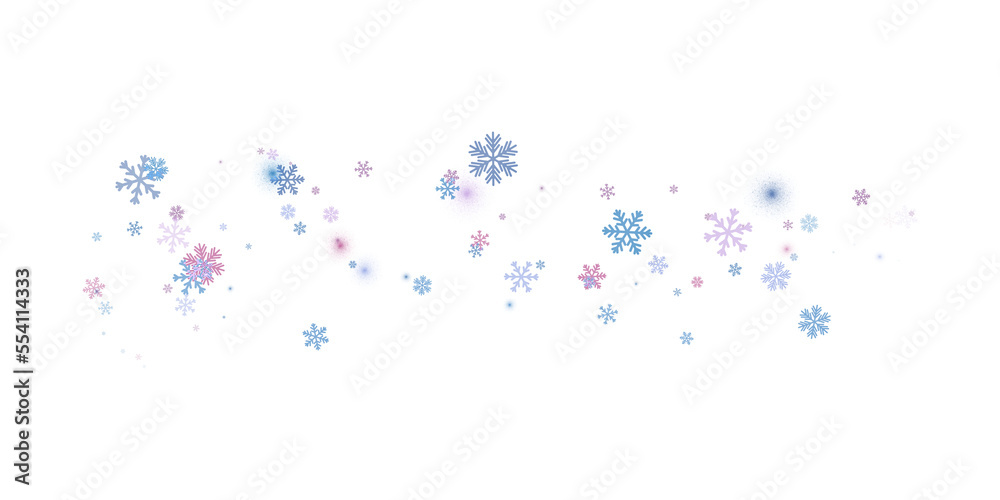 Multicolored snowflakes on a transparent background. Snow blizzard, winter background. PNG